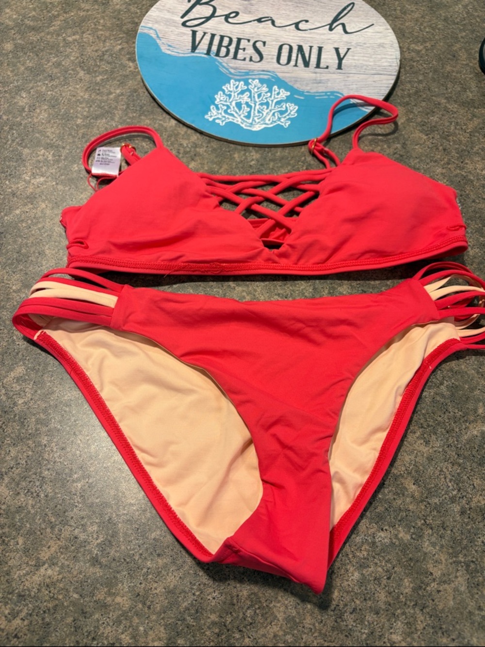l*space Coral and Peach Lattice Front Strappy Bikini Set